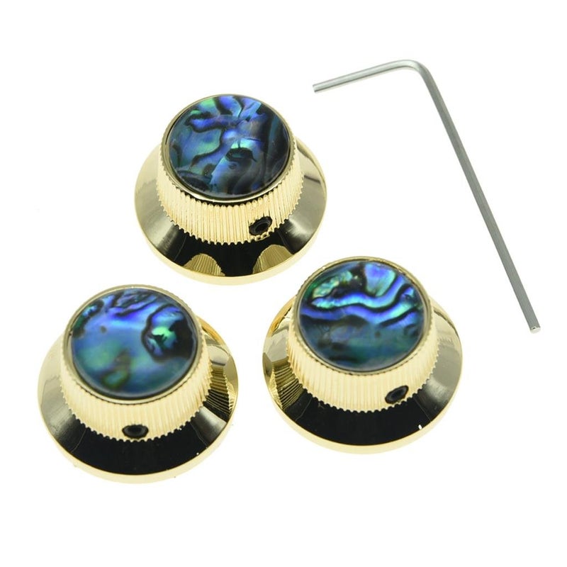 KAISH Set of 3 Set Screw Abalone Top Gold Guitar Bass Knobs Strat Metal Knobs for 6mm Shaft Pots - Image 1